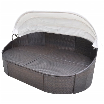 Outdoor Lounge Bed with Canopy Poly Rattan Brown - Image 3