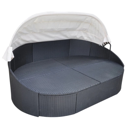 Outdoor Lounge Bed with Canopy Poly Rattan Black - Image 3