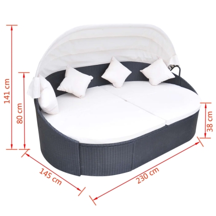 Outdoor Lounge Bed with Canopy Poly Rattan Black - Image 5
