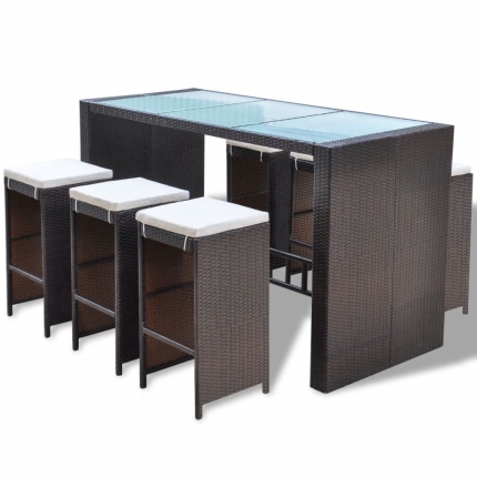 7 Piece Garden Bar Set with Cushions Poly Rattan Brown - Image 2