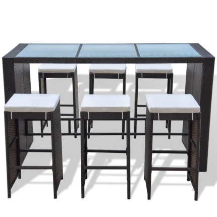7 Piece Garden Bar Set with Cushions Poly Rattan Brown - Image 3
