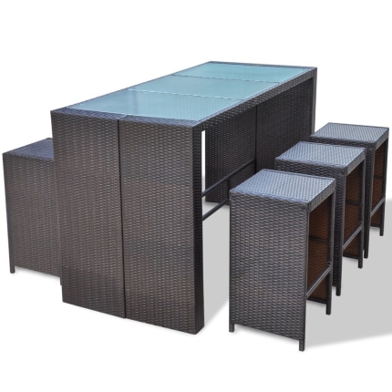 7 Piece Garden Bar Set with Cushions Poly Rattan Brown - Image 5
