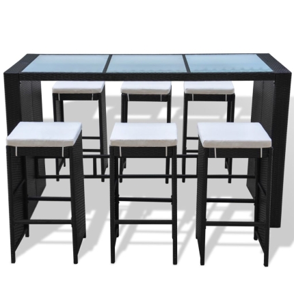 7 Piece Garden Bar Set with Cushions Poly Rattan Black - Image 3