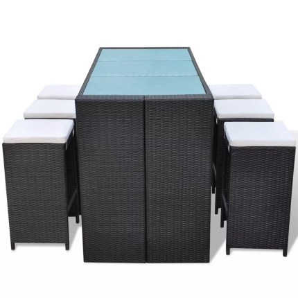 7 Piece Garden Bar Set with Cushions Poly Rattan Black - Image 4