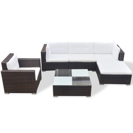 6 Piece Garden Lounge Set with Cushions Poly Rattan Brown - Image 3