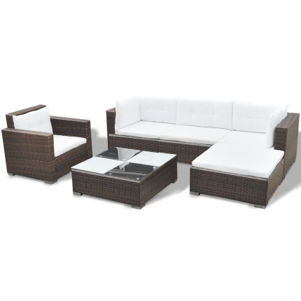 6 Piece Garden Lounge Set with Cushions Poly Rattan Brown - Image 4