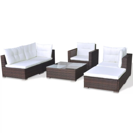 6 Piece Garden Lounge Set with Cushions Poly Rattan Brown - Image 5