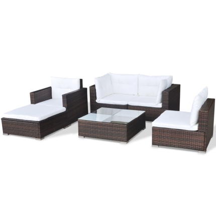 6 Piece Garden Lounge Set with Cushions Poly Rattan Brown - Image 6
