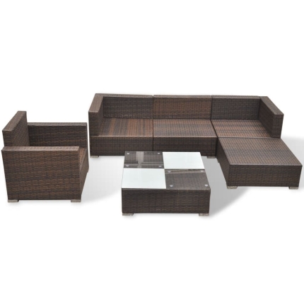6 Piece Garden Lounge Set with Cushions Poly Rattan Brown - Image 7