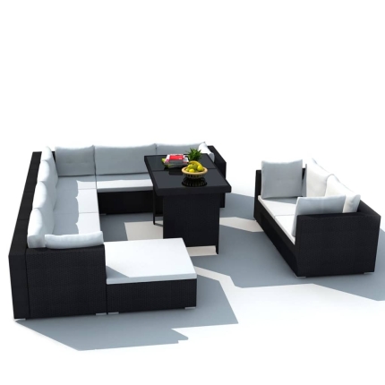 10 Piece Garden Lounge Set with Cushions Poly Rattan Black - Image 3