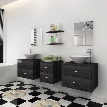 Nine Piece Bathroom Furniture Set with Basin with Tap Black - Image 3