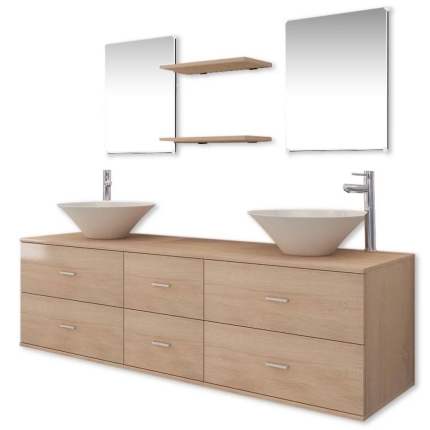 Nine Piece Bathroom Furniture Set with Basin with Tap Beige - Image 2