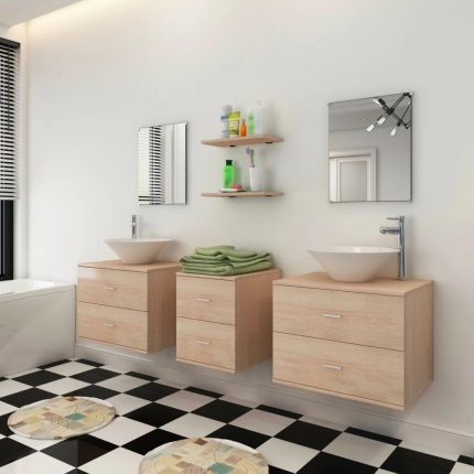 Nine Piece Bathroom Furniture Set with Basin with Tap Beige - Image 3