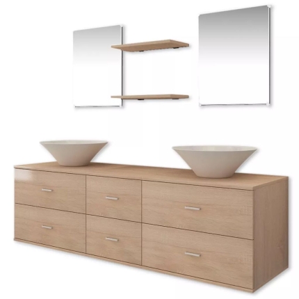 Nine Piece Bathroom Furniture Set with Basin with Tap Beige - Image 4