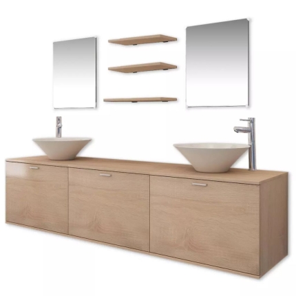 Ten Piece Bathroom Furniture Set with Basin with Tap Beige - Image 2