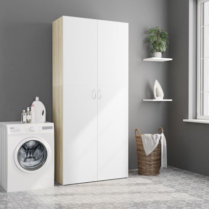 Storage Cabinet White and Sonoma Oak 80x35.5x180 cm Chipboard - Image 3