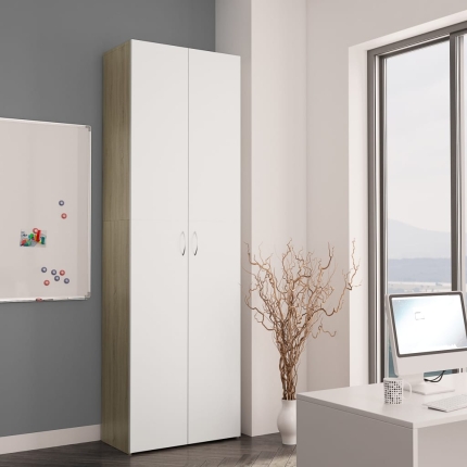 Office Cabinet White and Sonoma Oak 60x32x190 cm Chipboard - Image 3