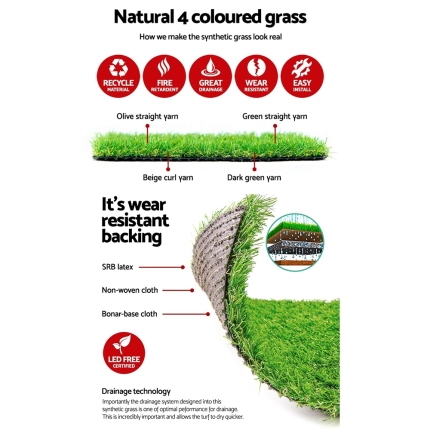 Primeturf Synthetic 30mm  0.95mx20m 19sqm Artificial Grass Fake Turf 4-coloured Plants Plastic Lawn - Image 5