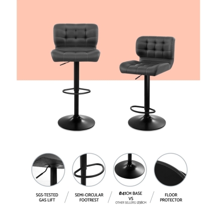 Artiss 2x Kitchen Bar Stools Gas Lift Bar Stool Chairs Swivel Leather Black Grey - Image 3