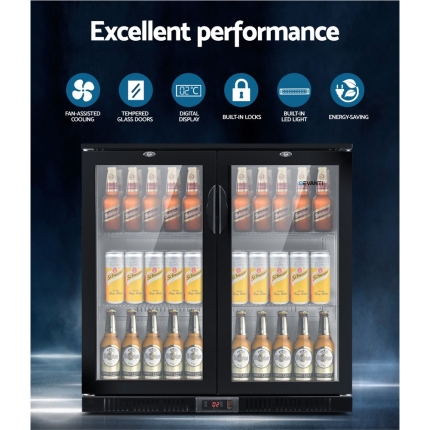Devanti Bar Fridge 2 Glass Door Commercial Display Freeer Drink Beverage Cooler Black - Image 3