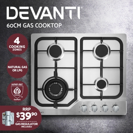 Devanti Gas Cooktop 60cm Gas Stove Cooker 4 Burner Cook Top Konbs NG LPG Steel - Image 3