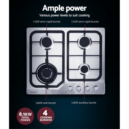 Devanti Gas Cooktop 60cm Gas Stove Cooker 4 Burner Cook Top Konbs NG LPG Steel - Image 5