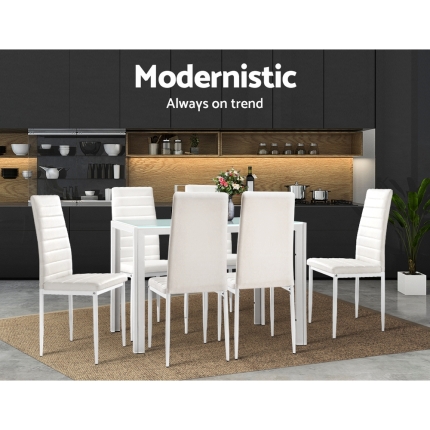 Artiss Astra 7-piece Dining Table and Chairs Dining Set Tempered Glass Leather Seater Metal Legs White - Image 3