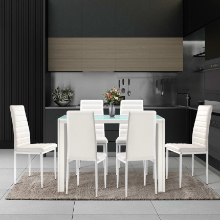 Artiss Astra 7-piece Dining Table and Chairs Dining Set Tempered Glass Leather Seater Metal Legs White - Image 7
