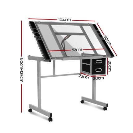 Artiss Drawing Desk Drafting Table Craft Adjustable Glass Art Tilt Drawers Grey - Image 2