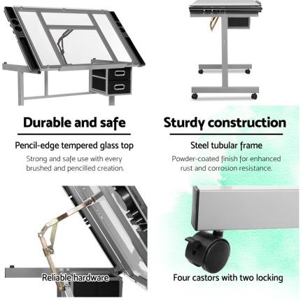 Artiss Drawing Desk Drafting Table Craft Adjustable Glass Art Tilt Drawers Grey - Image 5