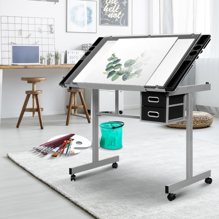 Artiss Drawing Desk Drafting Table Craft Adjustable Glass Art Tilt Drawers Grey - Image 7