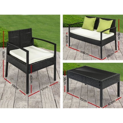 4 Seater Sofa Set Outdoor Furniture Lounge Setting Wicker Chairs Table Rattan Lounger Bistro Patio Garden Cushions Black - Image 2