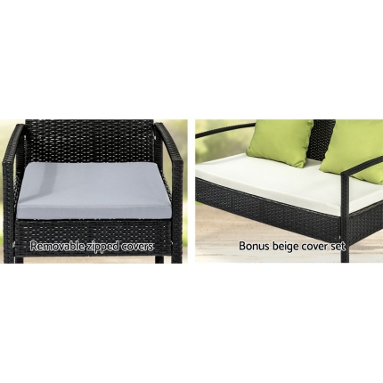 4 Seater Sofa Set Outdoor Furniture Lounge Setting Wicker Chairs Table Rattan Lounger Bistro Patio Garden Cushions Black - Image 5