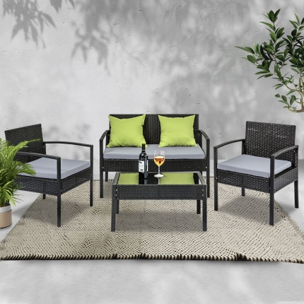 4 Seater Sofa Set Outdoor Furniture Lounge Setting Wicker Chairs Table Rattan Lounger Bistro Patio Garden Cushions Black - Image 7