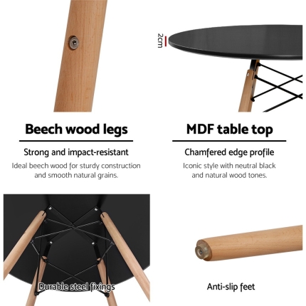 Artiss 4-Seater Round Replica Eames DSW Dining Table Kitchen Timber Black 90cm - Image 3