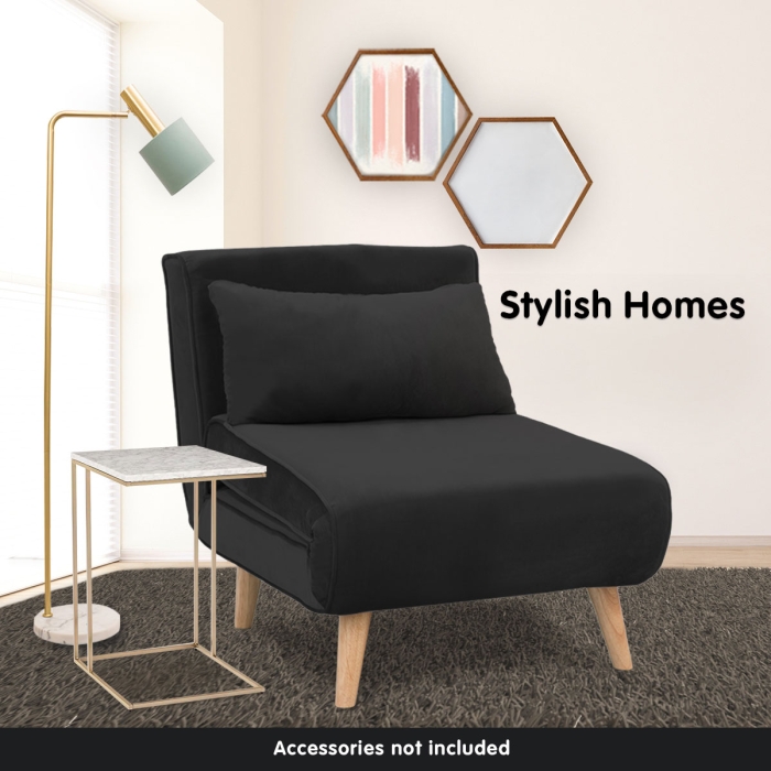 Adjustable Corner Sofa Bed Single Seater Lounge Faux Velvet - Black - Image 2
