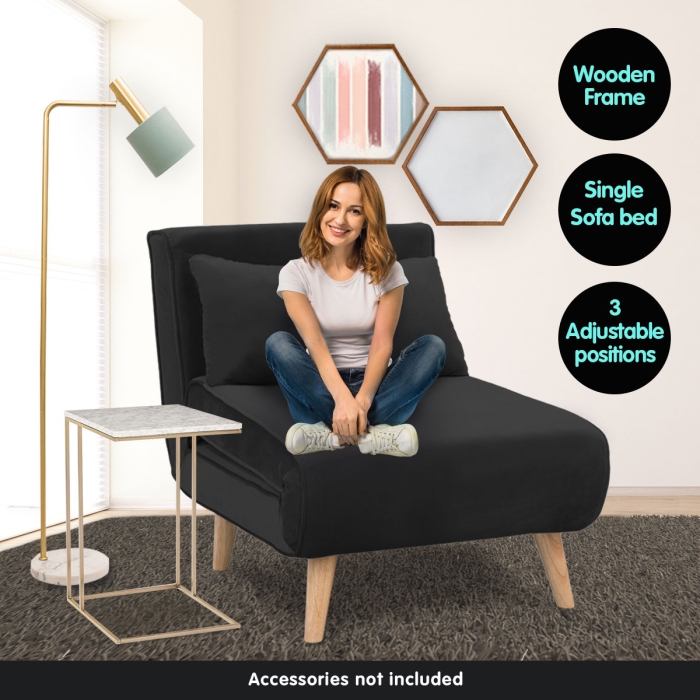 Adjustable Corner Sofa Bed Single Seater Lounge Faux Velvet - Black - Image 4