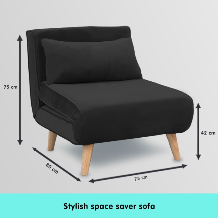 Adjustable Corner Sofa Bed Single Seater Lounge Faux Velvet - Black - Image 6