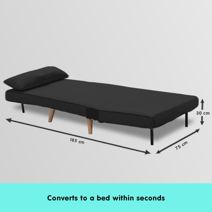 Adjustable Corner Sofa Bed Single Seater Lounge Faux Velvet - Black - Image 7