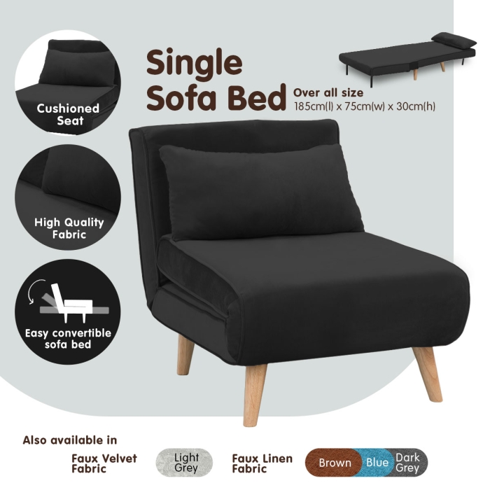 Adjustable Corner Sofa Bed Single Seater Lounge Faux Velvet - Black - Image 3