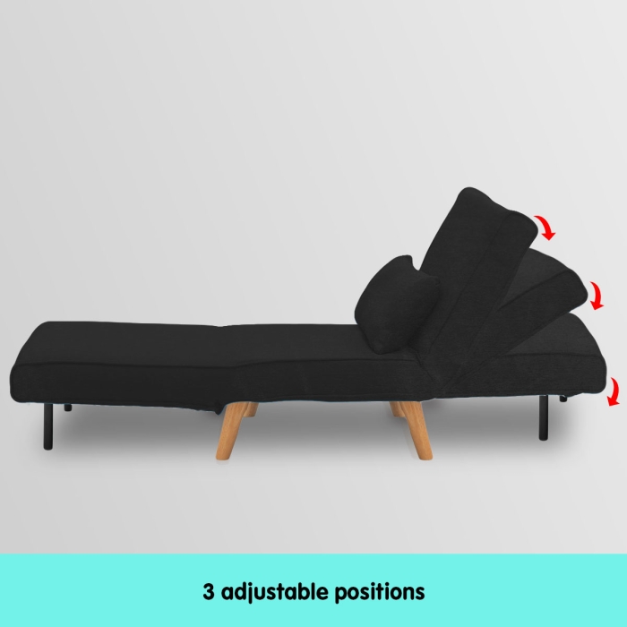 Adjustable Corner Sofa Bed Single Seater Lounge Faux Velvet - Black - Image 8