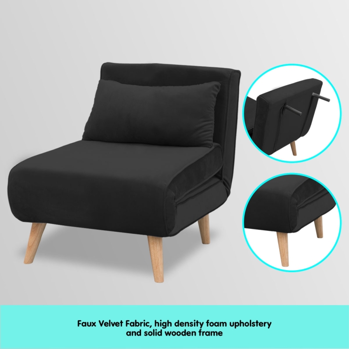 Adjustable Corner Sofa Bed Single Seater Lounge Faux Velvet - Black - Image 9