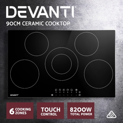 Devanti 90cm Ceramic Cooktop Electric Cook Top 5 Burner Stove Hob Touch Control 6-Zones - Image 3