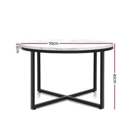 Artiss Coffee Table Marble Effect Side Tables Bedside Round Black Metal 70X70CM - Image 2