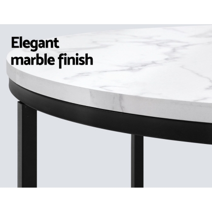 Artiss Coffee Table Marble Effect Side Tables Bedside Round Black Metal 70X70CM - Image 3