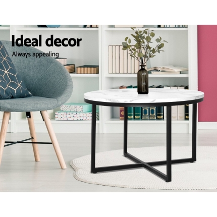Artiss Coffee Table Marble Effect Side Tables Bedside Round Black Metal 70X70CM - Image 5