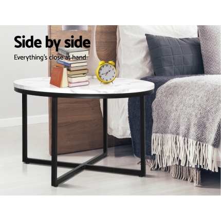 Artiss Coffee Table Marble Effect Side Tables Bedside Round Black Metal 70X70CM - Image 7