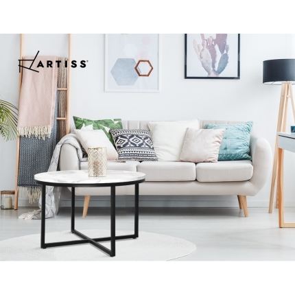 Artiss Coffee Table Marble Effect Side Tables Bedside Round Black Metal 70X70CM - Image 8