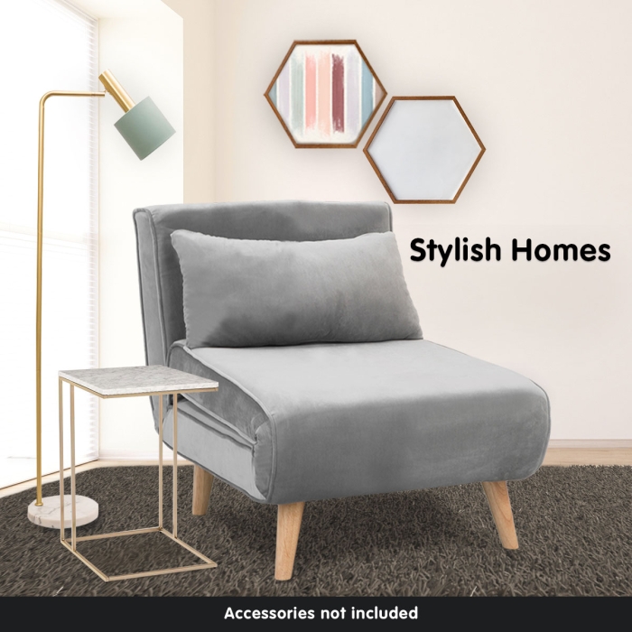 Adjustable Corner Sofa Bed Single Seater Lounge Faux Velvet Light Grey - Image 4
