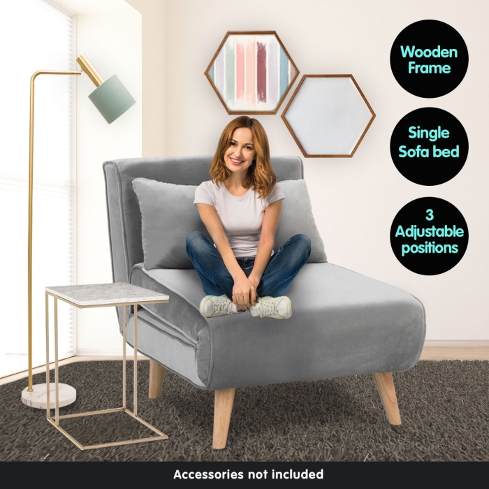 Adjustable Corner Sofa Bed Single Seater Lounge Faux Velvet Light Grey - Image 5